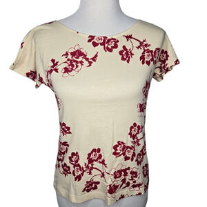 Akris Punto Top Womens T shirt Cream Red Floral Print Size 8 Vintage Flowers